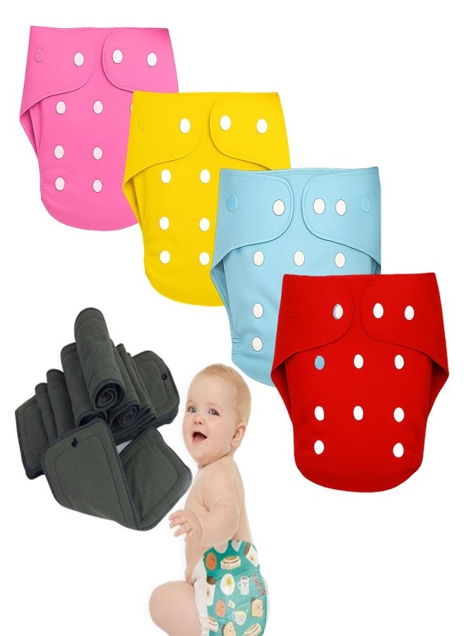Reusable Cloth Diapers for Babies | Washable & Eco-Friendly Baby Nappies | Adjustable Leak-Proof Cloth Diaper Set with Soft Inserts (4, Pink,Yellow,Blue&Red, Free Size)