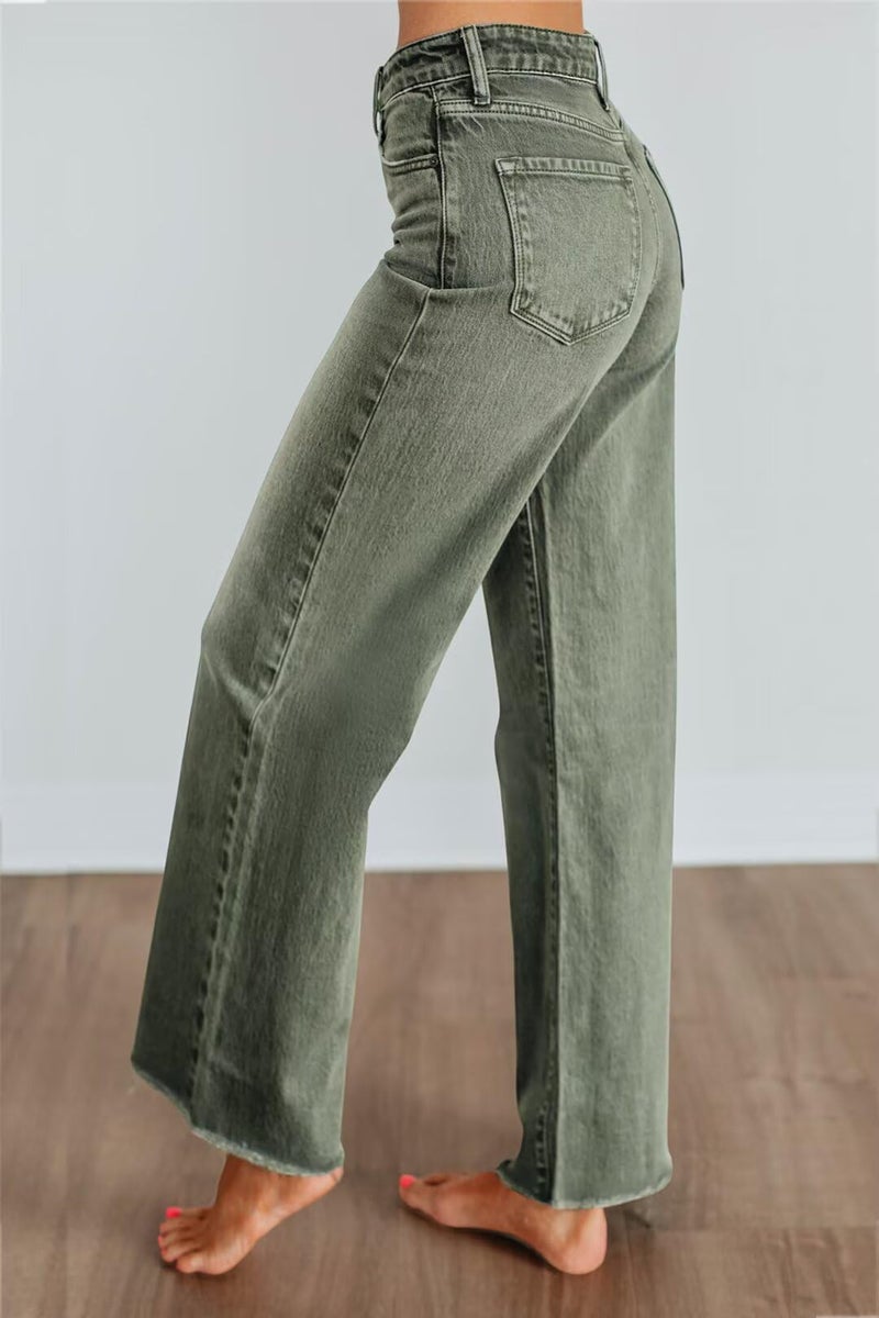 Allimy Wide Leg Jeans Woman High Waisted High Rise Baggy Loose Flare Boot Cut Bell Bottom Stretchy Raw Hem Straight Leg Womens Mom Jeans Denim Pants Dark Olive Green US 6 - Image 2