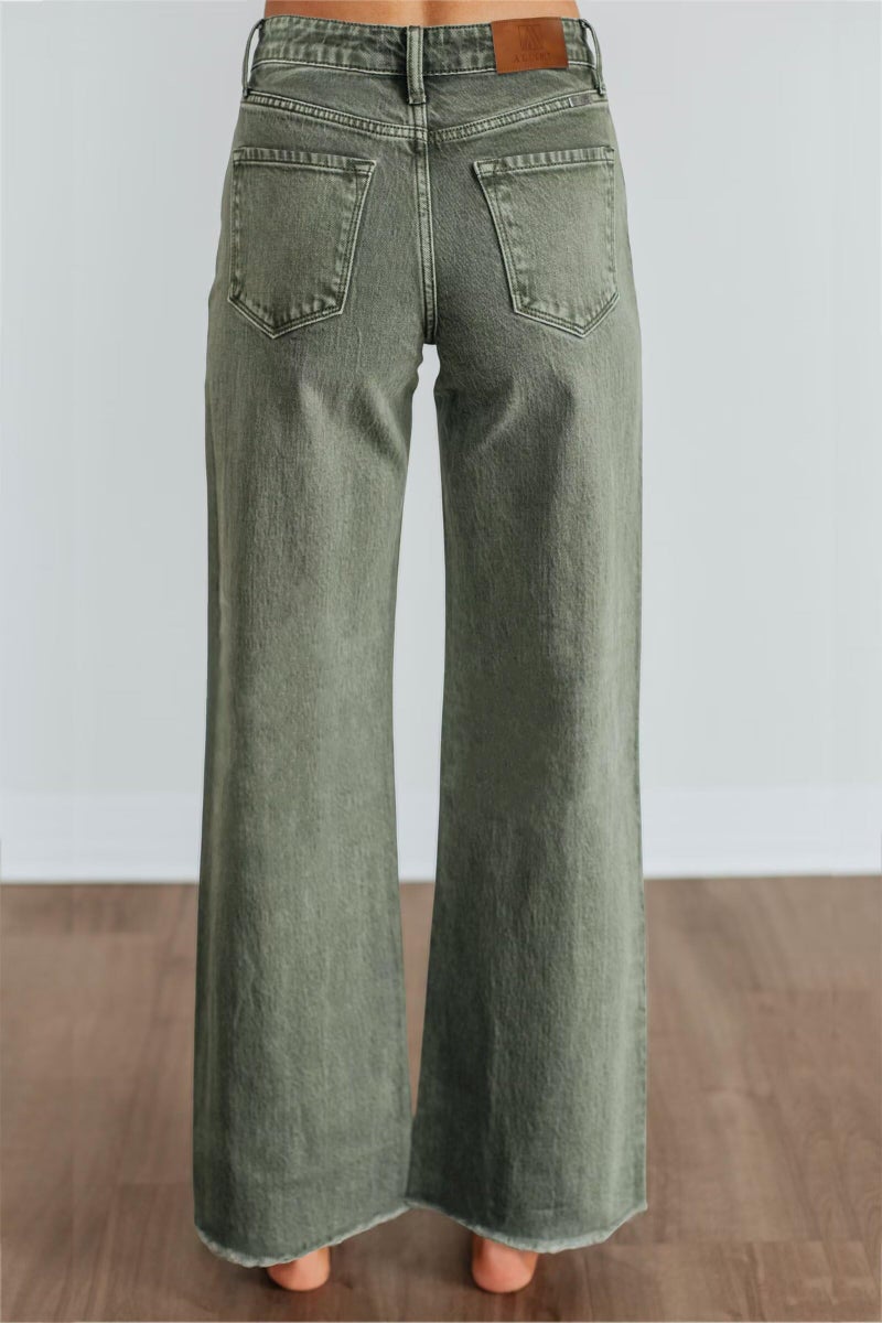 Allimy Wide Leg Jeans Woman High Waisted High Rise Baggy Loose Flare Boot Cut Bell Bottom Stretchy Raw Hem Straight Leg Womens Mom Jeans Denim Pants Dark Olive Green US 6 - Image 4