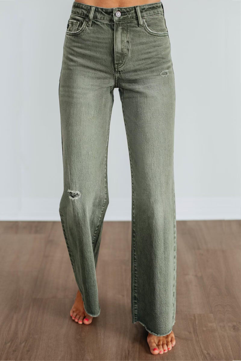 Allimy Wide Leg Jeans Woman High Waisted High Rise Baggy Loose Flare Boot Cut Bell Bottom Stretchy Raw Hem Straight Leg Womens Mom Jeans Denim Pants Dark Olive Green US 6 - Image 3