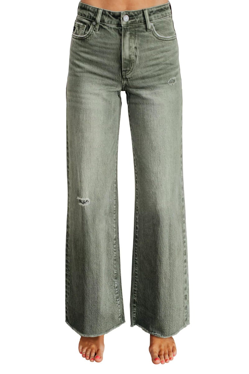 Allimy Wide Leg Jeans Woman High Waisted High Rise Baggy Loose Flare Boot Cut Bell Bottom Stretchy Raw Hem Straight Leg Womens Mom Jeans Denim Pants Dark Olive Green US 6 - Image 1