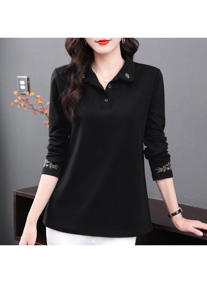 Beautiful Mother Cotton Long Sleeve T-shirt Women's Autumn And Winter New Middle-aged Postage Polo Shirt Plus Size Lapel Jacket 
