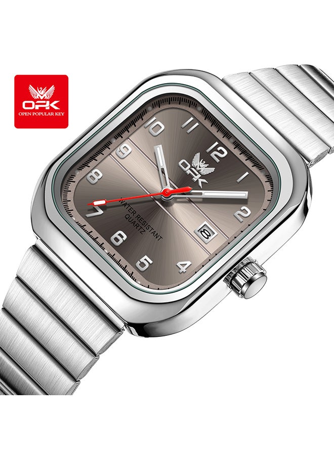 او بي كي ساعة OPK، ساعة كوارتز أنيقة وعملية، مقاومة للماء بتقويم واحد، للرجال - سوار فولاذي 6040، لون رمادي طبيعي. - Image 1