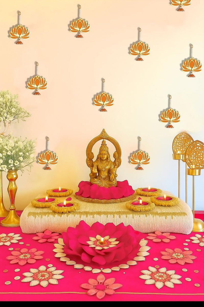 BENAVJI Presents Handmade MDF Wood Lotus Hangings Jhumki Style for Diwali Home Decor Temples Mandir Pooja Rooms All Festival Decorations Orange Color Lotus Pack of 6 - Image 1