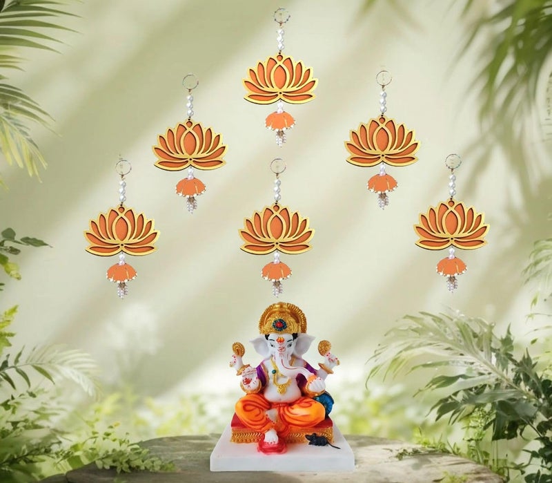 BENAVJI Presents Handmade MDF Wood Lotus Hangings Jhumki Style for Diwali Home Decor Temples Mandir Pooja Rooms All Festival Decorations Orange Color Lotus Pack of 6 - Image 3