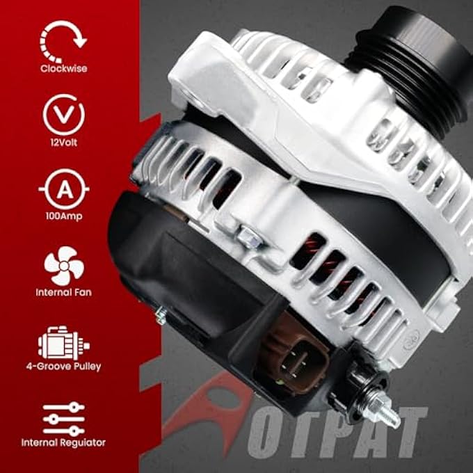 AOTPAT Alternator L4 for:-Toyota Camry 2010 2011 Le Se Xle Base 2.5L, 12V 100Amp 4-Grooves With Pulley Replacement OE# 27060-0V060 104210-2650 11516 1042102650 27060-0V060-84 270600V06084 270600V060 - Image 3