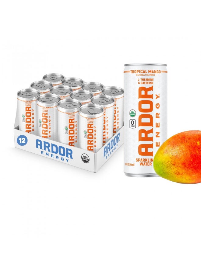 Ardor ARDOR ENERGY Sparkling Water Tropical Mango 12 pack with 100mg Organic Caffeine from Green Tea & 200mg Organic L-Theanine (Focus & Calm). No Sugar. No Calories. Vegan. Gluten Free.  - Image 1