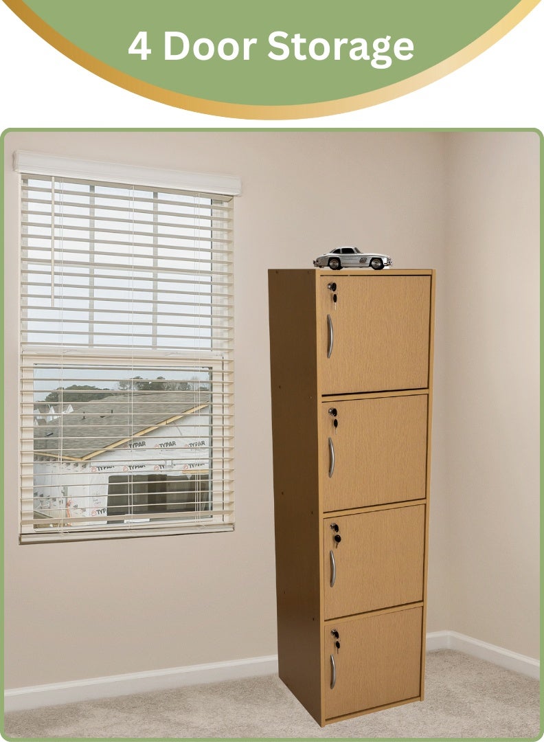 AFT Modern Wooden 4-Tier Storage Cabinet with Lockable Doors – 148.5 cm Tall Freestanding Organizer with 4 Spacious 35 cm Shelves, 40x40 cm Surface Area, 15 mm Thick Panels – Durable Multipurpose Cupboard for Home, Office, or Bedroom Use – Beech (Arfan) - Image 2
