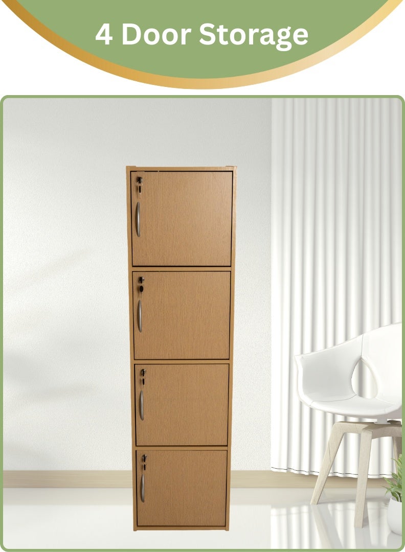 AFT Modern Wooden 4-Tier Storage Cabinet with Lockable Doors – 148.5 cm Tall Freestanding Organizer with 4 Spacious 35 cm Shelves, 40x40 cm Surface Area, 15 mm Thick Panels – Durable Multipurpose Cupboard for Home, Office, or Bedroom Use – Beech (Arfan) - Image 1