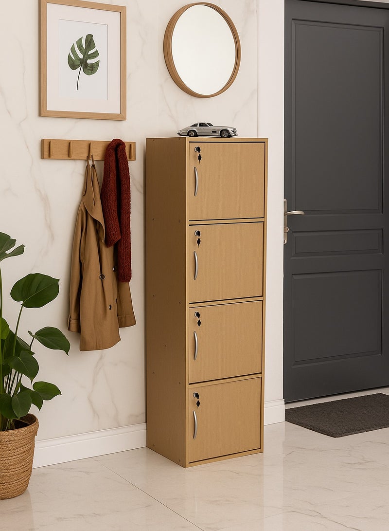 AFT Modern Wooden 4-Tier Storage Cabinet with Lockable Doors – 148.5 cm Tall Freestanding Organizer with 4 Spacious 35 cm Shelves, 40x40 cm Surface Area, 15 mm Thick Panels – Durable Multipurpose Cupboard for Home, Office, or Bedroom Use – Beech (Arfan) - Image 1