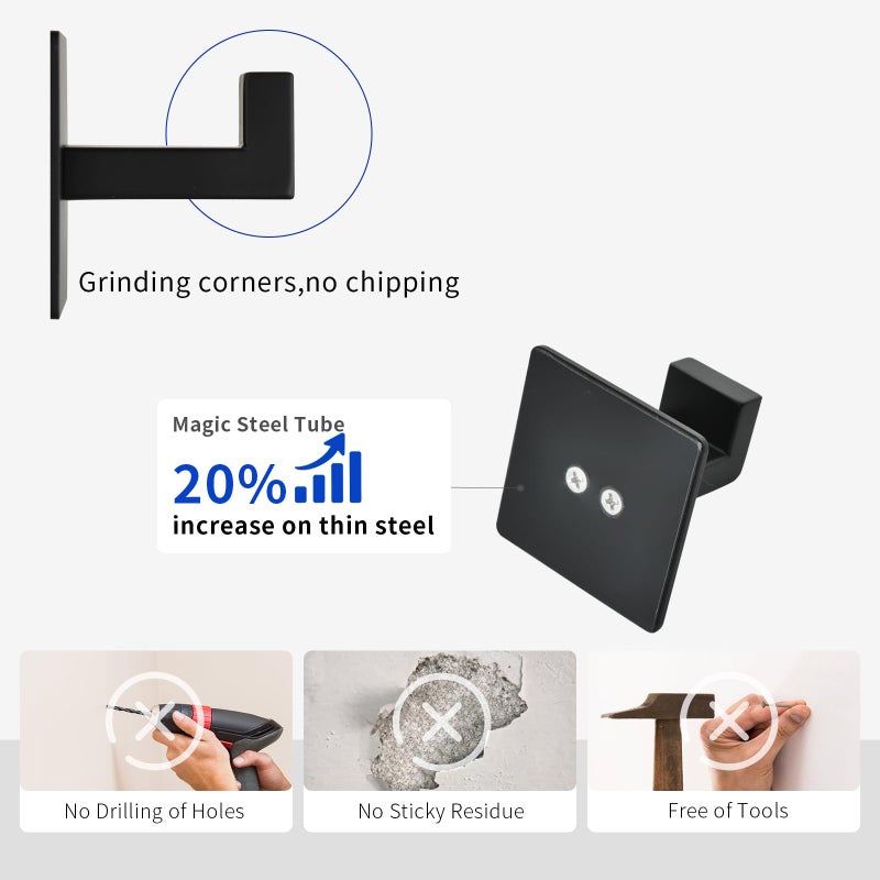 Linatikou Matte Black Adhesive Hooks, 2-Pack Stainless Steel Right Angle Hooks for Towels, Robes, Hats - No Drill Bathroom & Kitchen Organization, Rust-Proof for Smooth Surfaces - Image 4