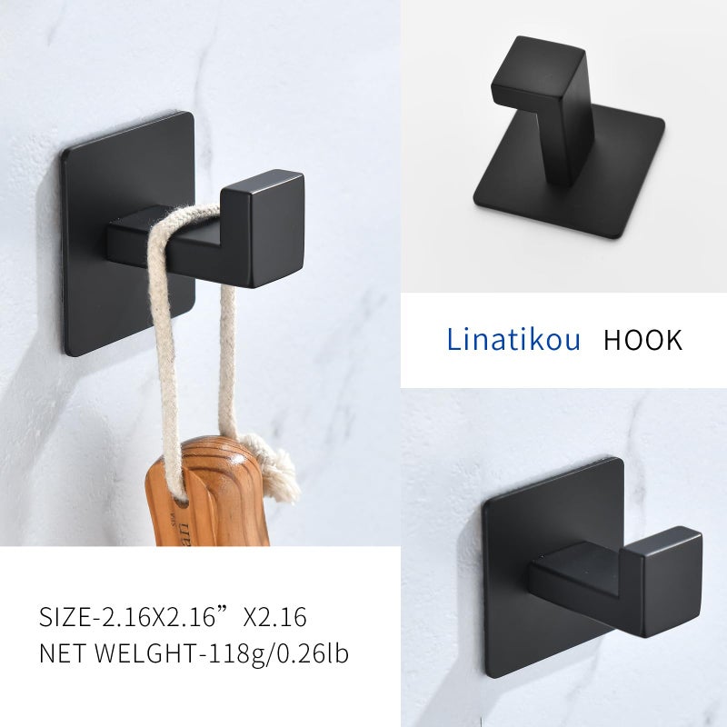 Linatikou Matte Black Adhesive Hooks, 2-Pack Stainless Steel Right Angle Hooks for Towels, Robes, Hats - No Drill Bathroom & Kitchen Organization, Rust-Proof for Smooth Surfaces - Image 2