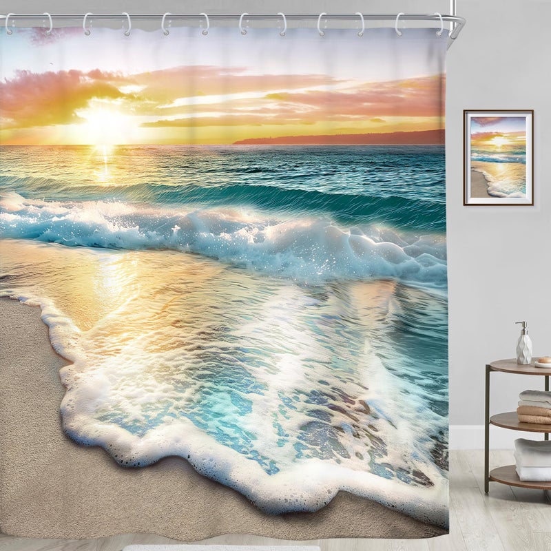 Riyidecor Beach Ocean Themed Shower Curtain Sets for Bathroom, Sunrise Sunset View Scene 71x71 Inch Hawaii Seashore Summer Coastal Seaside Seascape Cloth Fabric Decorative 12 Hooks Waterproof BB-JWXP - Image 3
