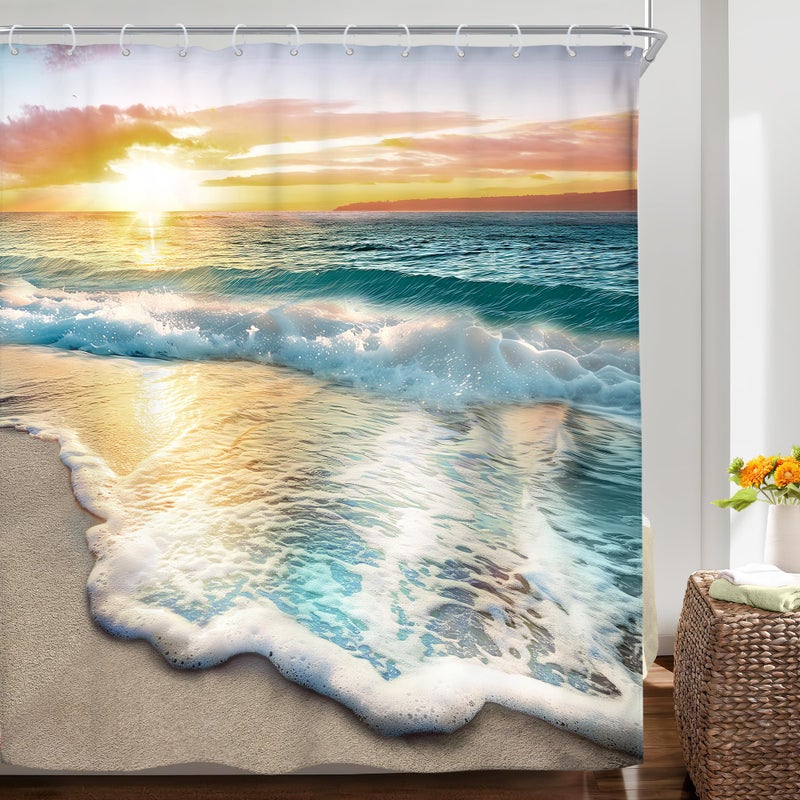 Riyidecor Beach Ocean Themed Shower Curtain Sets for Bathroom, Sunrise Sunset View Scene 71x71 Inch Hawaii Seashore Summer Coastal Seaside Seascape Cloth Fabric Decorative 12 Hooks Waterproof BB-JWXP - Image 2