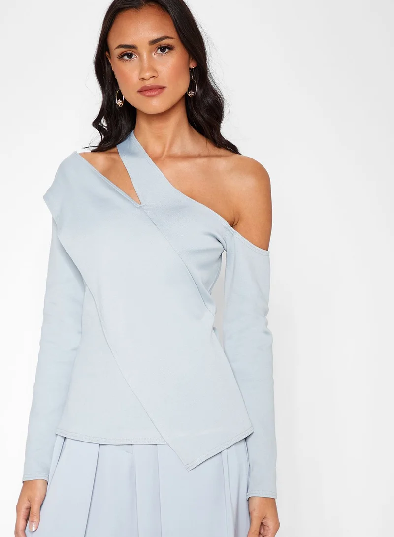lavish alice Asymmetrical One Shoulder Knitted Ribbed Top Co-ord