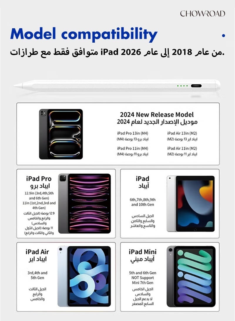 تشورود قلم رصاص سريع التعبئة قلم رصاص iPad 2018-2025 قلم رصاص iPad Pro 11/12.9 3/4/5 Gen iPad Mini 5/6 iPad 6/7/8 iPad Air 3/4/5 (White) - Image 4