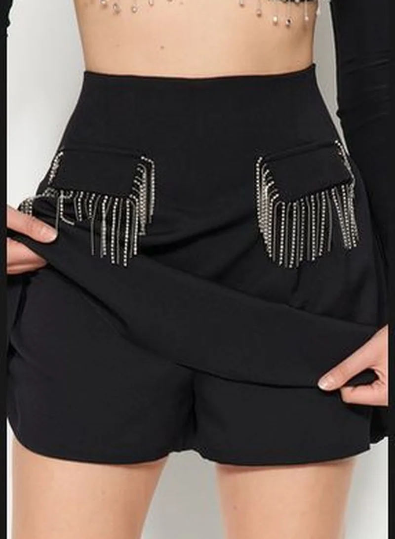 trendyol Black Shiny Stones Short Skirt TPRAW24ET00010