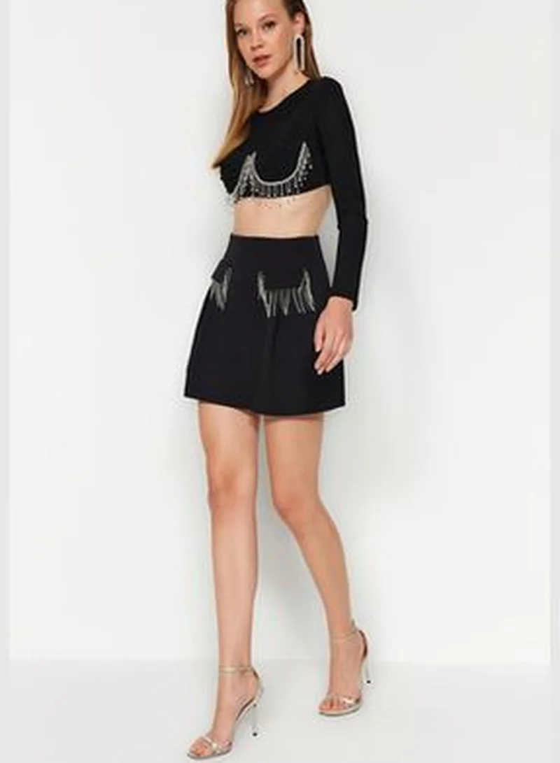 trendyol Black Shiny Stones Short Skirt TPRAW24ET00010