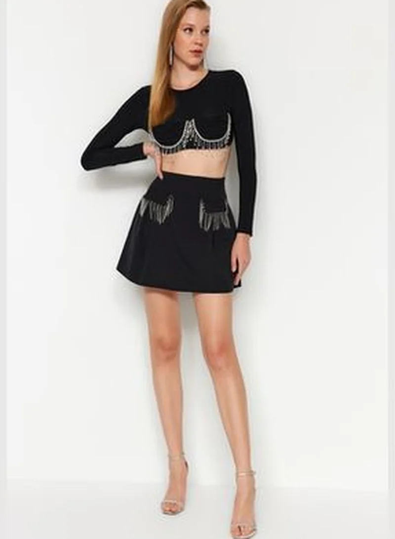 trendyol Black Shiny Stones Short Skirt TPRAW24ET00010