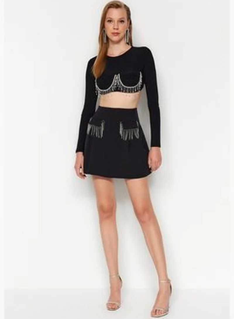 trendyol Black Shiny Stones Short Skirt TPRAW24ET00010