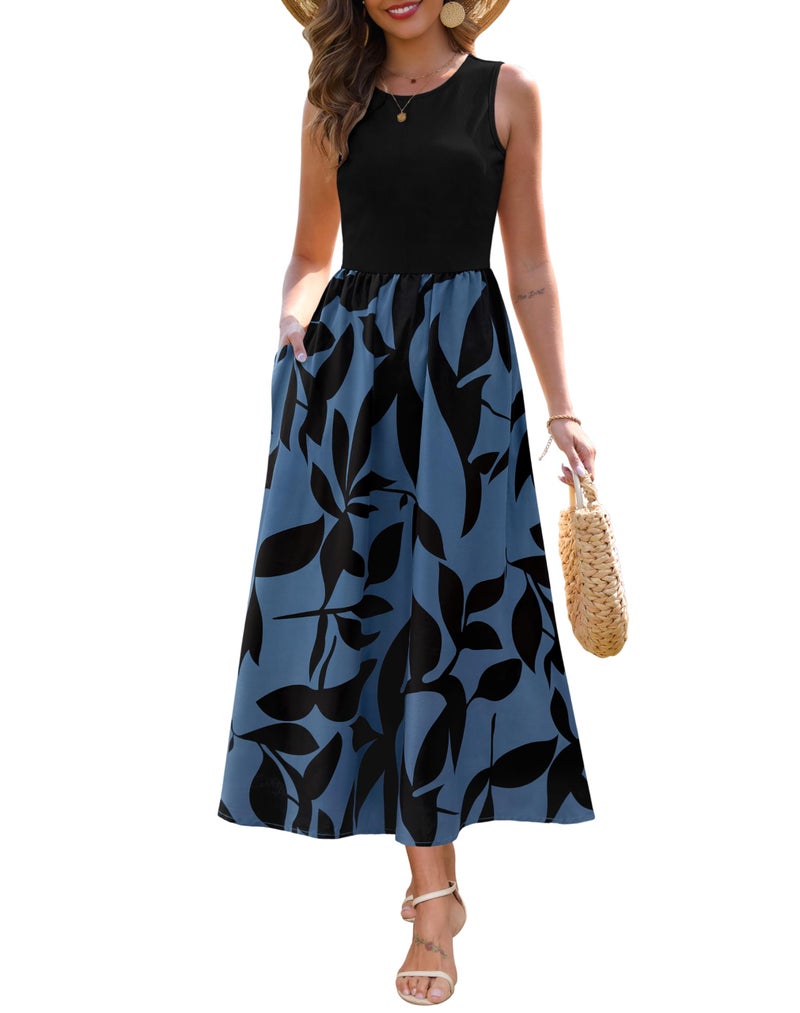 Zattcas Spring Summer Dresses for Women 2026 Sleeveless Ribbed Tank Top Patchwork A Line Flowy Modest Teacher Church Business Casual Work Long Maxi Dress with Pockets Black Blue M - Image 1