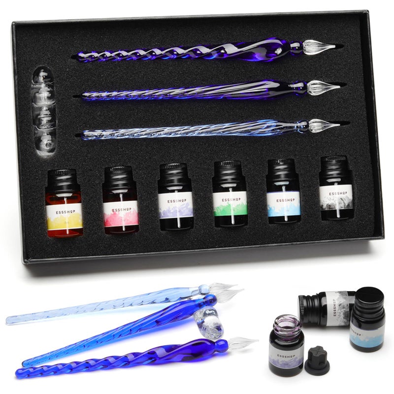ESSSHOP Glass Pen Calligraphy Set - 3 Blue Crystal Dip Pens Color Ink and Pen Holder Art Supplies Kit for Signatures Beginners Journaling Lettering Drawing Holiday Gift Decoration - Image 1