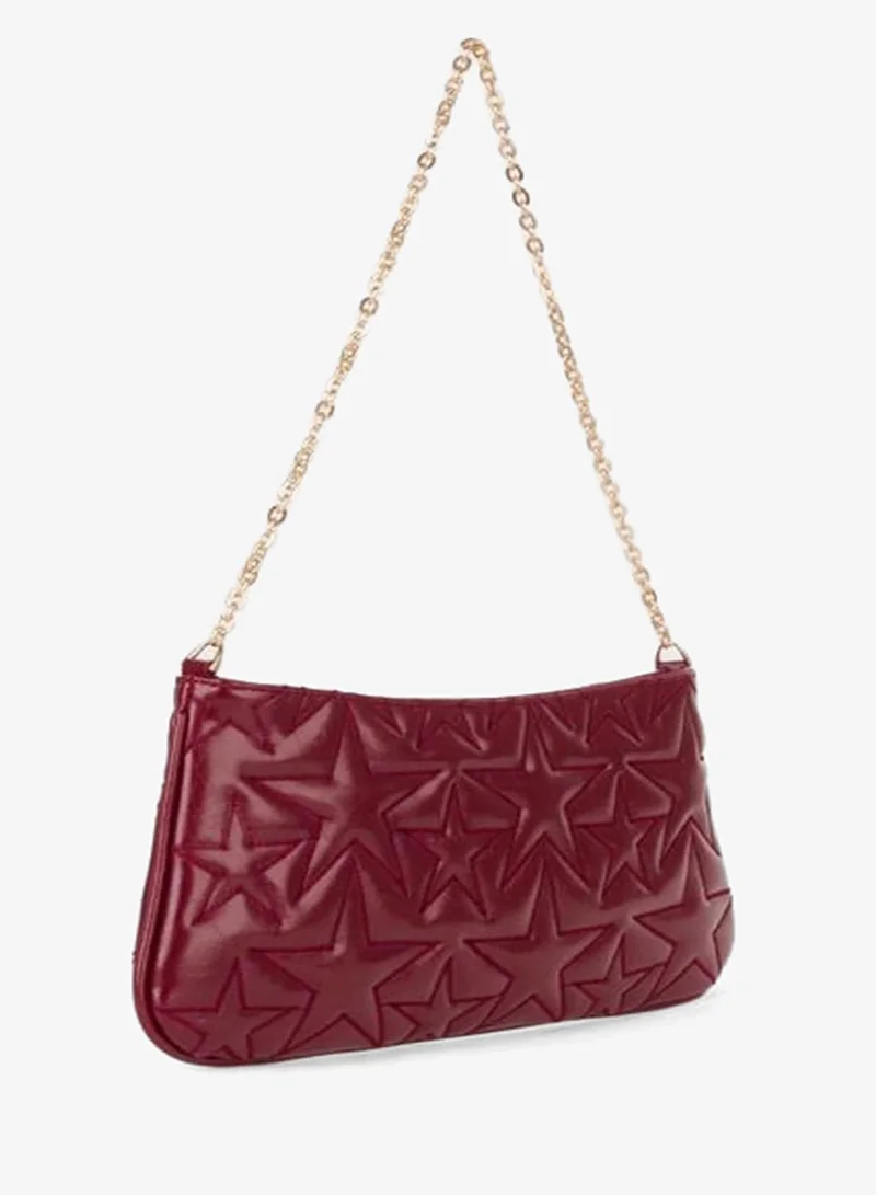 Women's Dalya Burgundy Star Embroidered Lined Zipper Closure Barrette Hand and Shoulder Bag.
