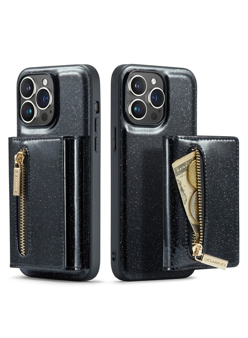 Back Wallet Case for iPhone 14 Pro Max, 2 in 1 Function Design Zipper Pocket Luxury Shining PU Leather Cover with Card Slots Holder Magnetic Kickstand Shockproof Anti-Scratches Case,Black - Image 1