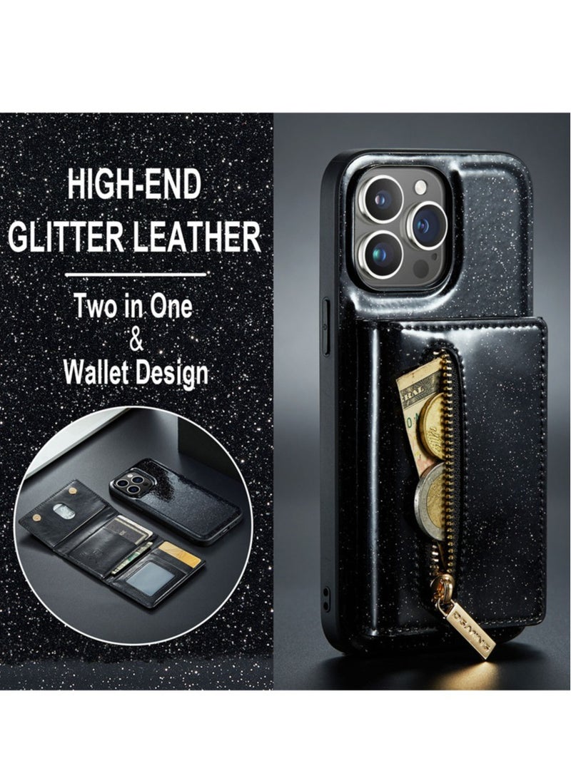 Back Wallet Case for iPhone 14 Pro Max, 2 in 1 Function Design Zipper Pocket Luxury Shining PU Leather Cover with Card Slots Holder Magnetic Kickstand Shockproof Anti-Scratches Case,Black - Image 2