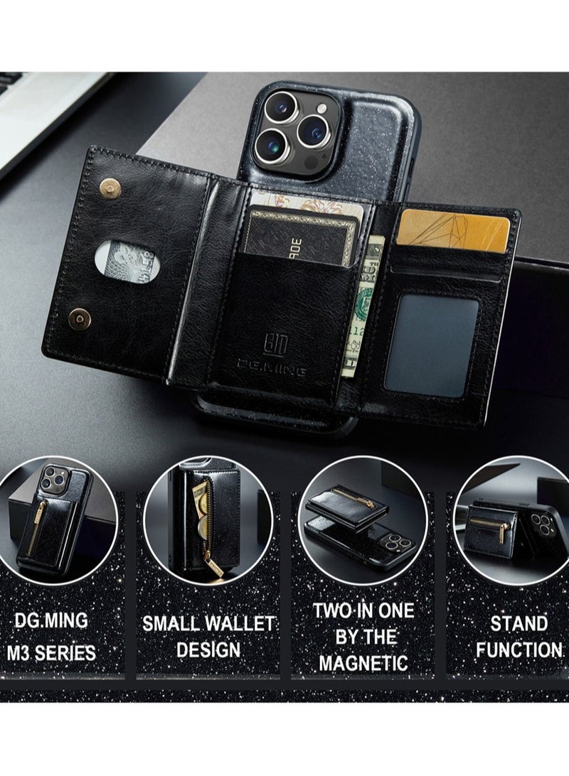 Back Wallet Case for iPhone 14 Pro Max, 2 in 1 Function Design Zipper Pocket Luxury Shining PU Leather Cover with Card Slots Holder Magnetic Kickstand Shockproof Anti-Scratches Case,Black - Image 3