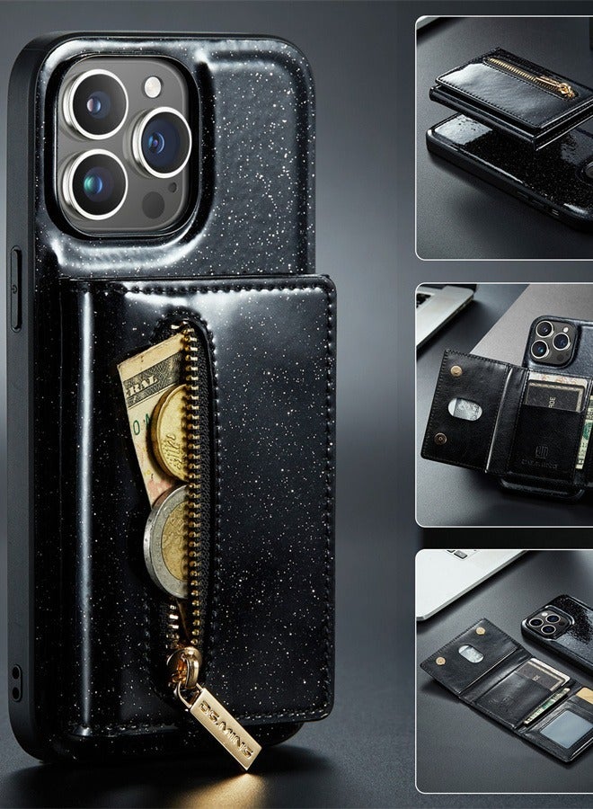 Back Wallet Case for iPhone 14 Pro Max, 2 in 1 Function Design Zipper Pocket Luxury Shining PU Leather Cover with Card Slots Holder Magnetic Kickstand Shockproof Anti-Scratches Case,Black - Image 4