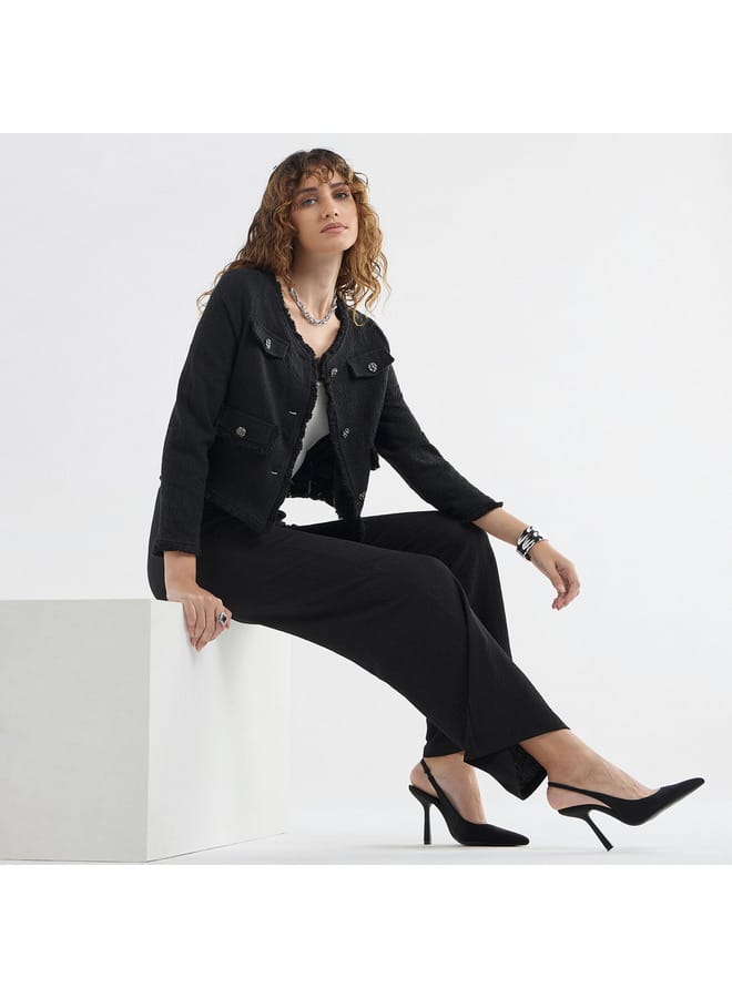 Splash FAV Textured Frayed Hem Shacket with Long Sleeves and Button Accents  - Image 2