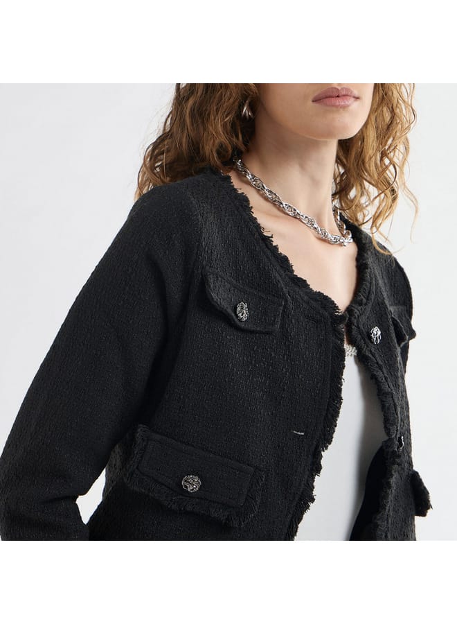Splash FAV Textured Frayed Hem Shacket with Long Sleeves and Button Accents  - Image 4