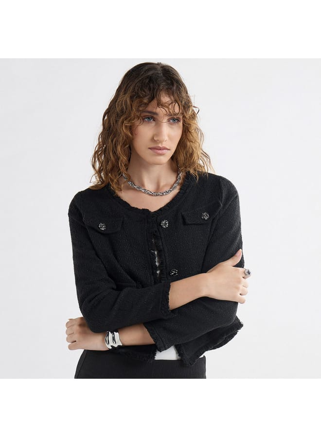 Splash FAV Textured Frayed Hem Shacket with Long Sleeves and Button Accents  - Image 1