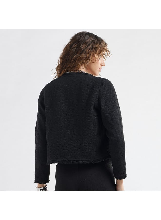 Splash FAV Textured Frayed Hem Shacket with Long Sleeves and Button Accents  - Image 3
