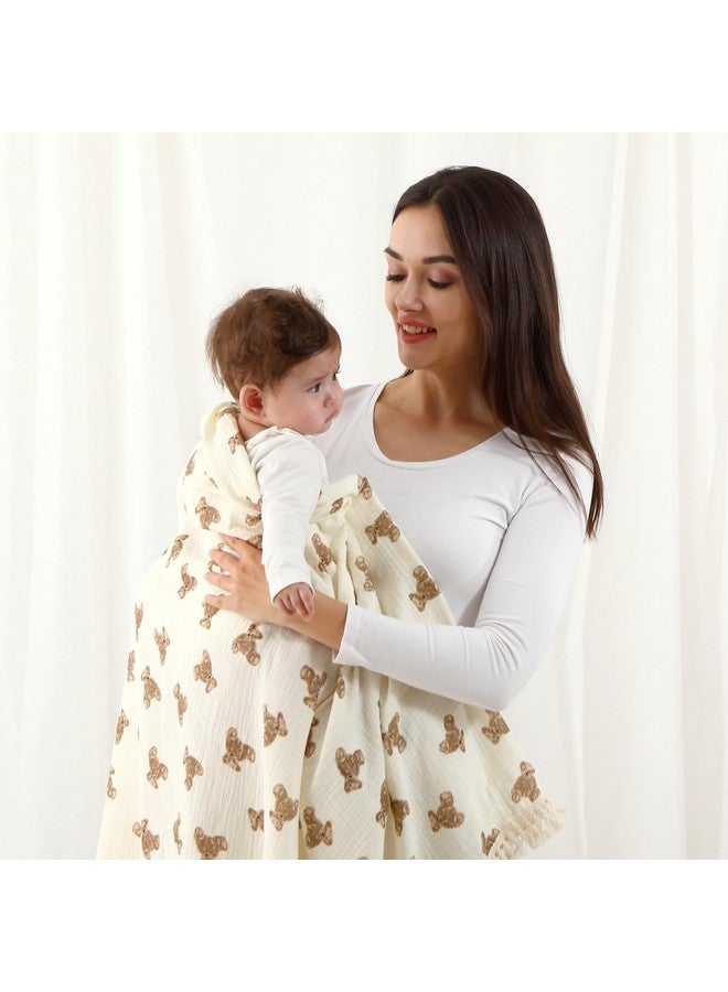 insular Cotton Muslin Baby Blanket with Tassel, Boho Bohemian Muslin Swaddle Blanket Baby Receiving Blanket with Fringe, Nursery Decor Throw or Nursing Blankets, 47" x40”, Little Bear - Image 3