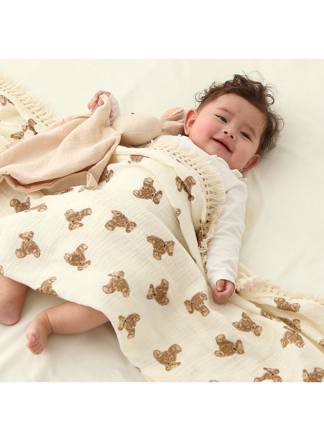 insular Cotton Muslin Baby Blanket with Tassel, Boho Bohemian Muslin Swaddle Blanket Baby Receiving Blanket with Fringe, Nursery Decor Throw or Nursing Blankets, 47" x40”, Little Bear - Image 2