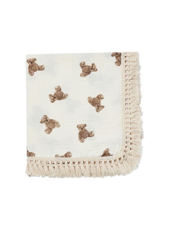 insular Cotton Muslin Baby Blanket with Tassel, Boho Bohemian Muslin Swaddle Blanket Baby Receiving Blanket with Fringe, Nursery Decor Throw or Nursing Blankets, 47" x40”, Little Bear - Image 1