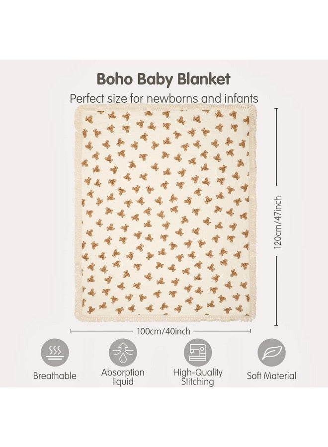 insular Cotton Muslin Baby Blanket with Tassel, Boho Bohemian Muslin Swaddle Blanket Baby Receiving Blanket with Fringe, Nursery Decor Throw or Nursing Blankets, 47" x40”, Little Bear - Image 5