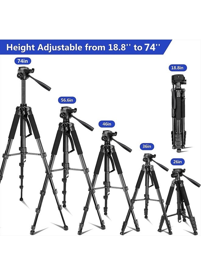 Aureday - 74'' Camera Tripod with Travel Bag,Cell Phone Tripod with Wireless Remote and Phone Holder, Compatible with DSLR Cameras,Cell Phones,Projector,Webcam,Spotting Scopes(Black) - Image 1