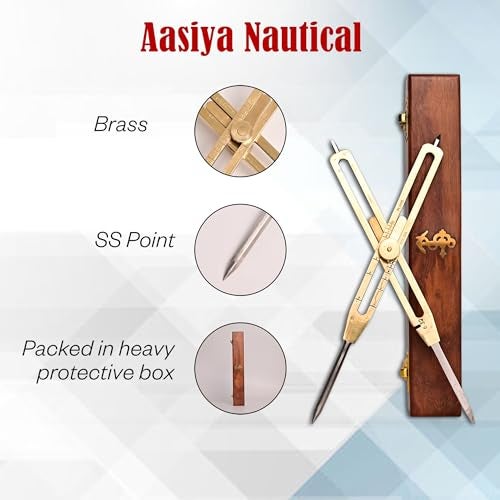 Aasiya Nautical أداة تقسيم النسب الفنية الاحترافية 9 بوصة من النحاس الصلب مع نقطة فولاذية ثقيلة مع صندوق خشبي - Image 2