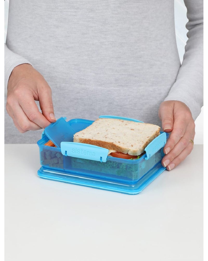 sistema صندوق الوجبات الخفيفة المزدوج 975 مل، خالي من BPA، صندوق وجبات خفيفة ذو قسمين للأطفال، المدرسة، المكتب والسفر، تخزين الطعام للوجبات الخفيفة والحلويات - أزرق - Image 2