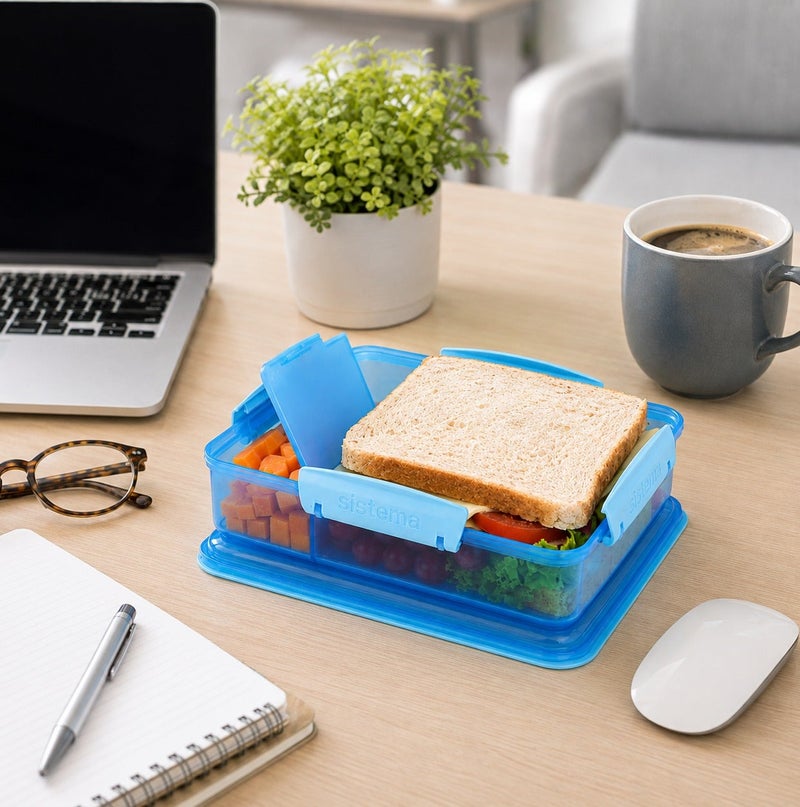Sistema Snack Attack Duo 975ml Blue Lunch Box with Dual Compartments, Easy Lock Clips, BPA Free Food Storage Container for Snacks, Sandwiches & Meal Prep, Reusable Lunch Box Made in New Zealand - Image 5