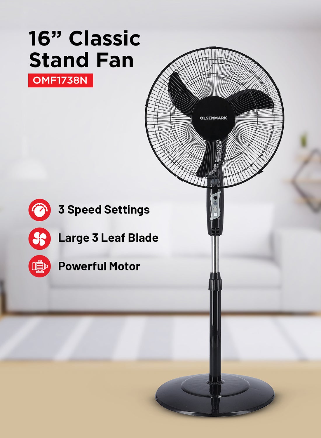 Olsenmark 16-Inch Stand Fan | Pedestal Fan with Adjustable Height Up to 1.25m, 3-Speed Settings & Powerful 45W Motor | 3-Blade Design, 75° Oscillation | High-Speed Cooling for Home, Office & Garage 45 W OMF1738NH Black | Best Price UAE | Dubai, Abu Dhabi
