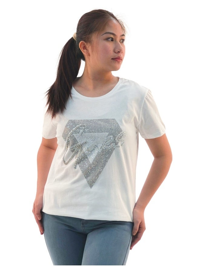 JOANNA JOANNA W203047 Women's Diamond Design With Quotes Round Neck Short Sleeve T-Shirt - White - Image 1