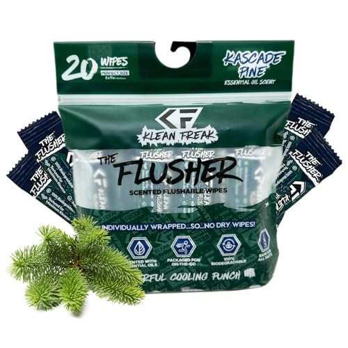 Klean Freak THE KLEAN FREAK FLUSHER Flushable Wipes For Adults Kids 100 BIODEGRADABLE Individual Wrapped Travel WET Wipe for Toilet Soothing Aloe Witch Hazel Alcohol Free 20 Pack Kascade Pine - Image 1