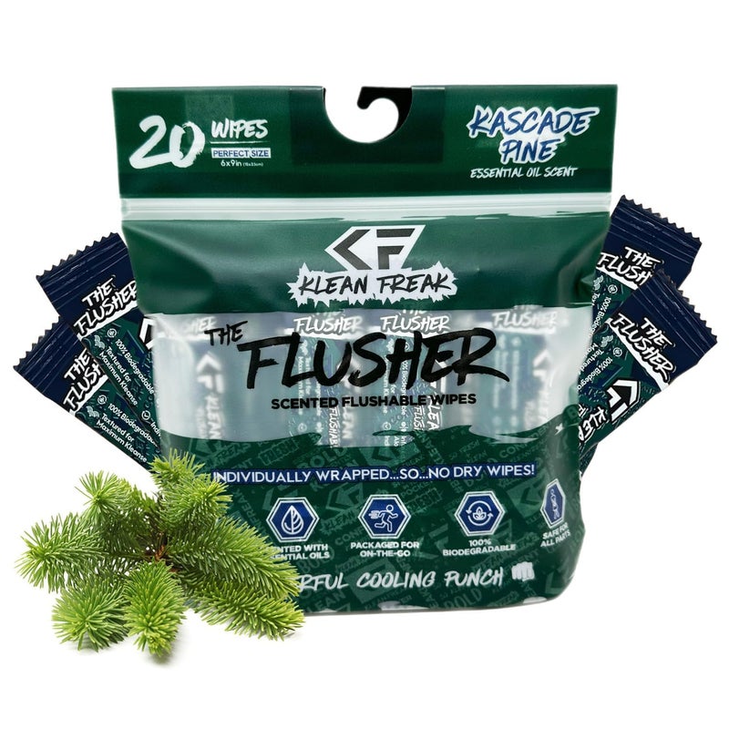 Klean Freak THE KLEAN FREAK FLUSHER Flushable Wipes For Adults Kids 100 BIODEGRADABLE Individual Wrapped Travel WET Wipe for Toilet Soothing Aloe Witch Hazel Alcohol Free 20 Pack Kascade Pine - Image 2