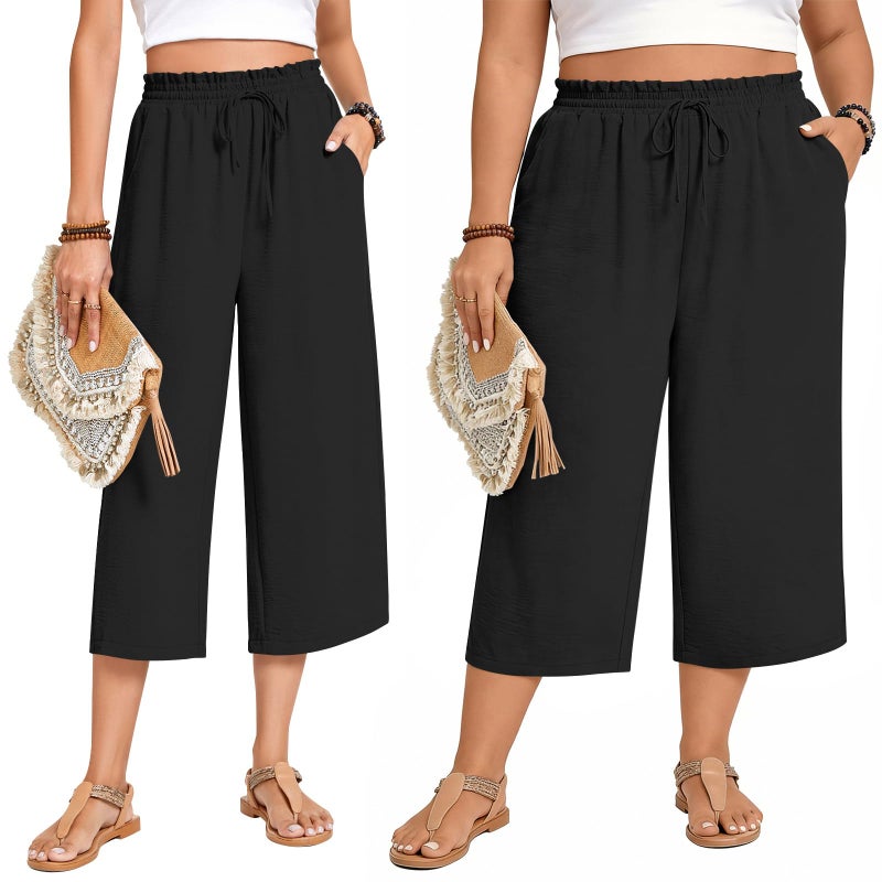 Anyhold Womens Plus Size Capri Pants Loose High Waisted Wide Leg Lounge Pants Drawstring Casual Palazzo Trousers with Pockets 2X-Large, Black - Image 5