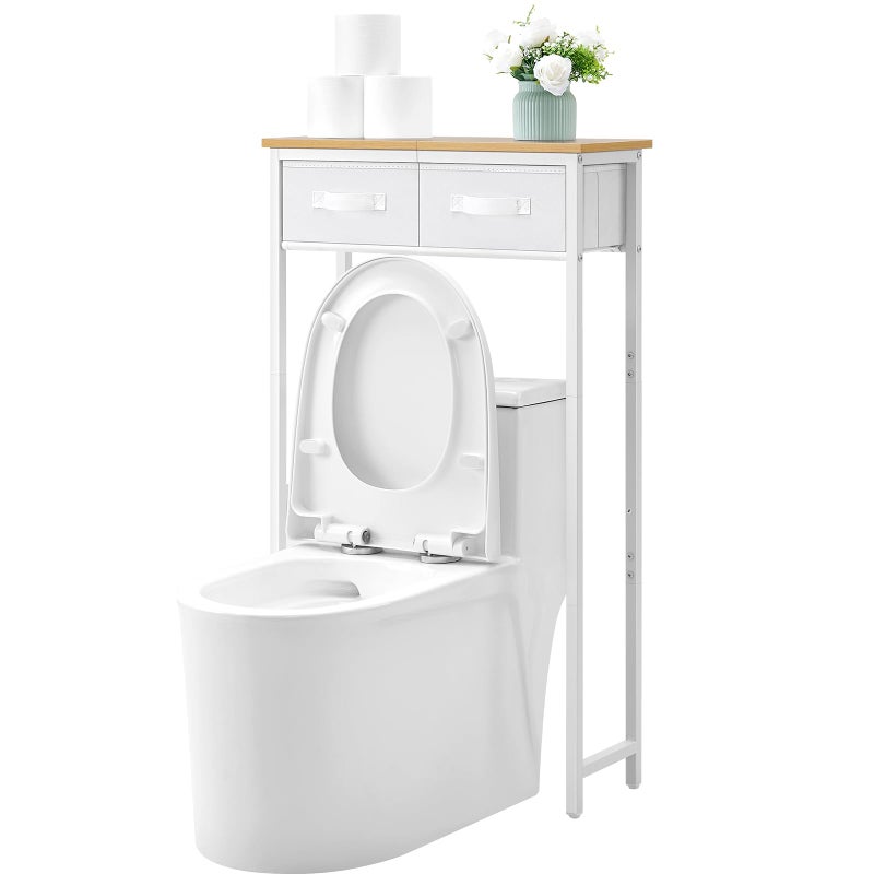 MOHOPE 2-Tier Over The Toilet Storage with 2 Fabric Drawers, Freestanding Above The Toilet Storage Cabinet, Space Saver Metal Over Toilet Bathroom Organizer Shelf for Small Space, Natural and White - Image 1