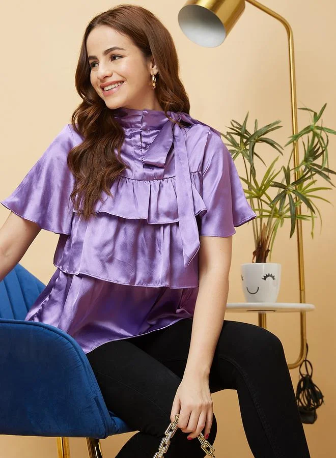 globus Globus Purple Layered Frill Sleeves Satin Blouse